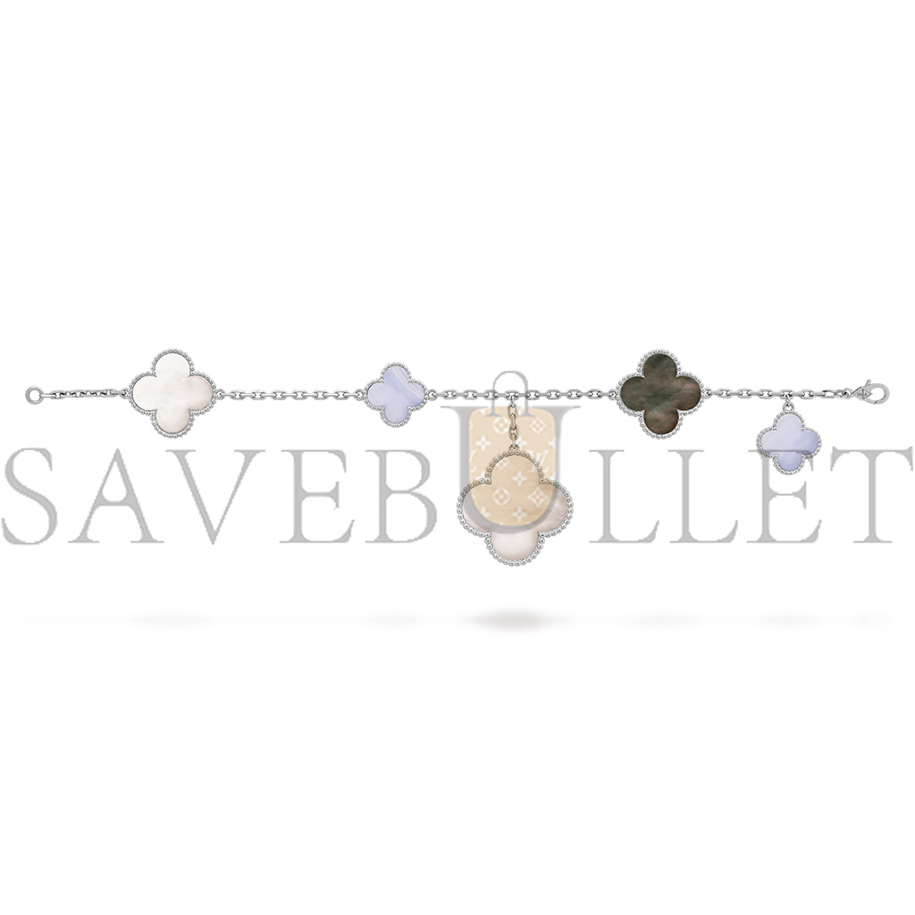 V*N CL*F  arpels magic alhambra bracelet, 5 motifs - white gold, chalcedony, mother-of-pearl  vcarl62400